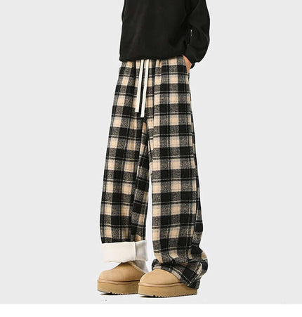 Fleece-Lined Winter Pants - Loose Fit featuring a relaxed, vintage plaid design for casual winter style.