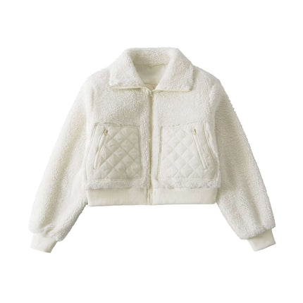Winter Lamb Wool Quilted Cotton Jacket in white with quilted pockets and soft, warm texture for stylish winter wear.
