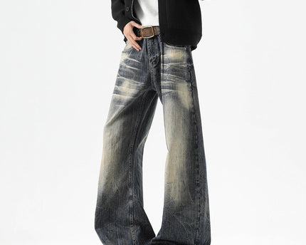 Streetwear Lightning Pattern Denim Pants Men High Street Washed Distressed Wide Leg Pants Vintage Cool Retro Knife-Edged Casual Trousers