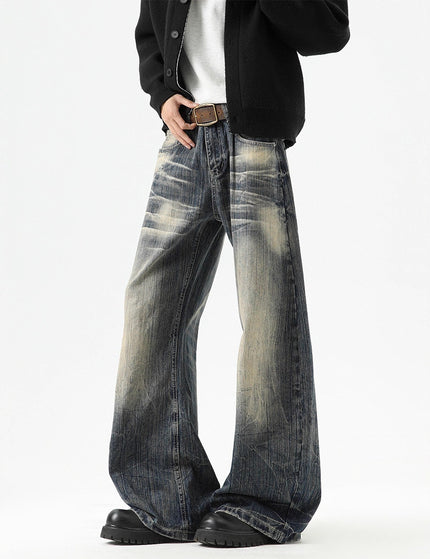 Streetwear Lightning Pattern Denim Pants Men High Street Washed Distressed Wide Leg Pants Vintage Cool Retro Knife-Edged Casual Trousers