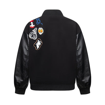 Retro National Trend Cartoon Embroidery Baseball Jacket, Unisex Streetwear, Casual Solid Color College Style Coat