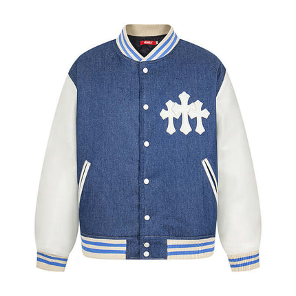 Model wearing Blue patchwork color blocked jacket by Grozavu