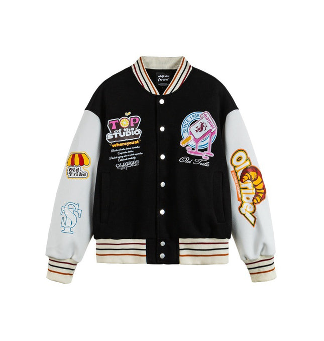 Fun Print Color-Block Baseball Jacket – Loose Fit