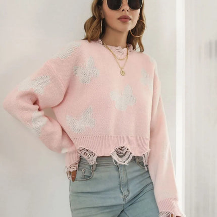 Distressed Butterfly Cropped Sweater – Slim Fit
