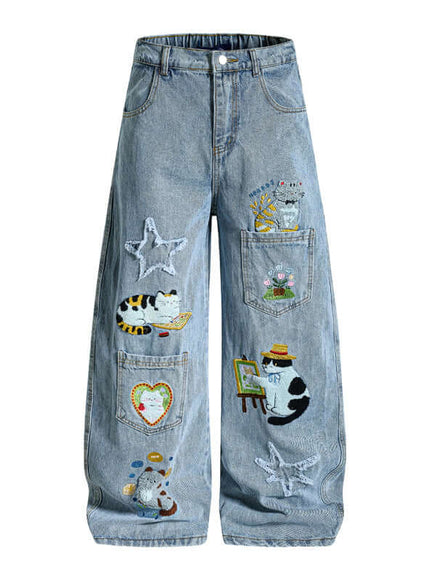 Model wearing Denim Blue cartoon embroidery denim pants, by Grozavu