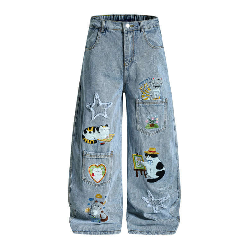 Front view of Cartoon Embroidery Denim Pants, - Grozavu brand streetwear