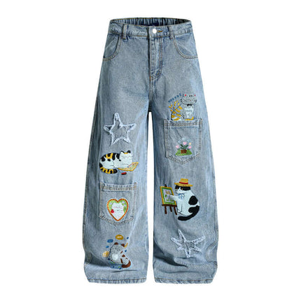 Model wearing Denim Blue cartoon embroidery denim pants, by Grozavu