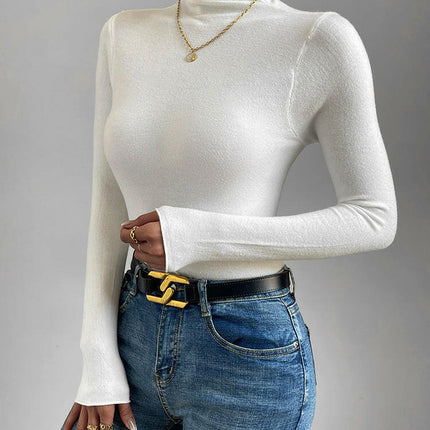 Grozavu's White High Neck Slim Fit Knitwear: Comfortable Long Sleeve Sweater at €30.99