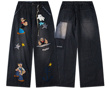 Pantalones Casual Sueltos de Rayas con Bordado de Patrón Divertido Retro y Lavado, Unisex, Pantalones de Pierna Ancha BF