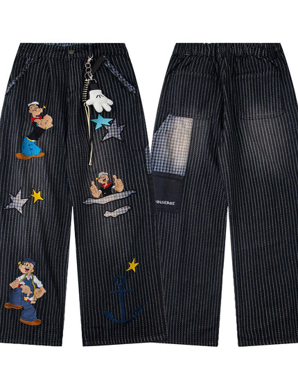 Retro Washed Fun Pattern Embroidery Splicing Striped Loose Casual Trousers Unisex BF Wide Leg Pants