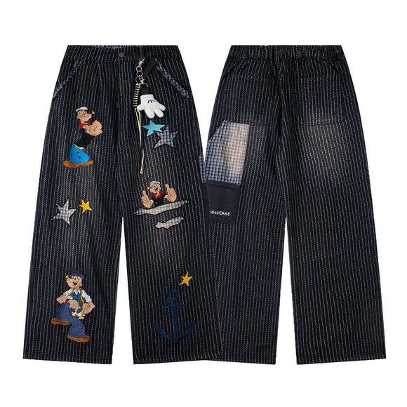 Retro Washed Fun Pattern Embroidery Splicing Striped Loose Casual Trousers Unisex BF Wide Leg Pants