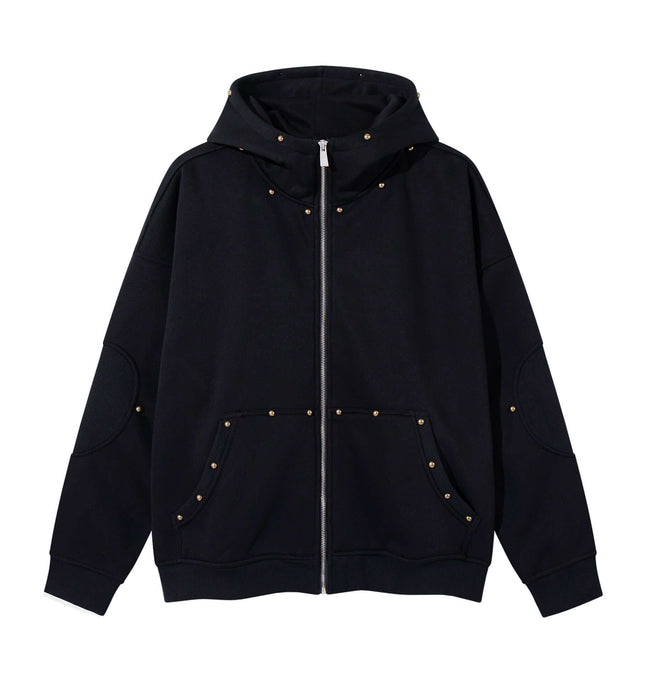 Retro rivet design zipper cardigan hooded jacket