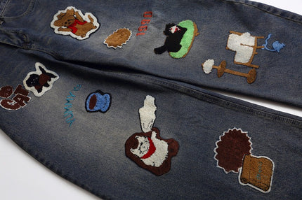 Vintage Cartoon Towel Embroidery Washed Knife-Edge Jeans Pants