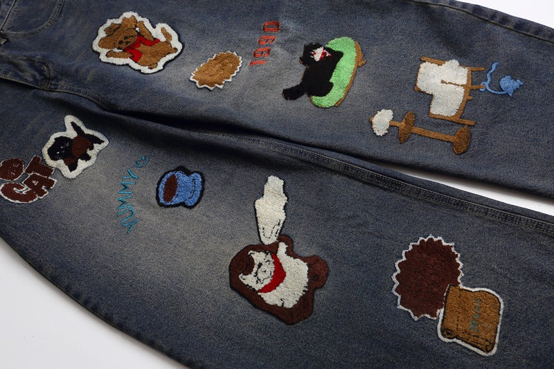 Vintage Cartoon Towel Embroidery Washed Knife-Edge Jeans Pants