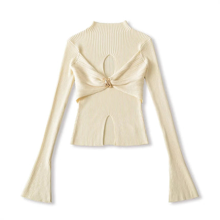 Metal Knot Hollow-Out Flare Sleeve Knit Top – Slim Fit Sexy Chic