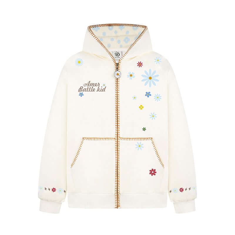 Model wearing Apricot floral embroidery hooded sweatshirt by Grozavu