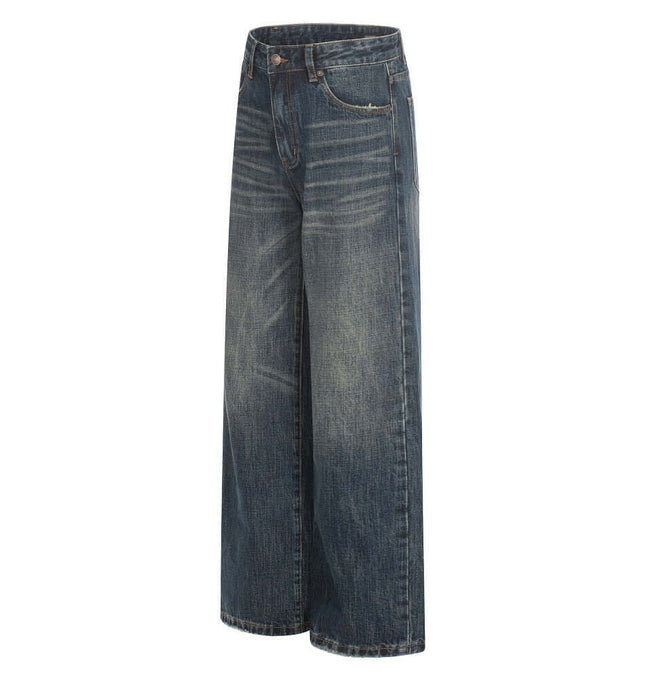 Washed and ground white denim straight leg pants