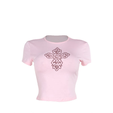 Cross print short sleeved shirt with exposed navel T-shirt for women