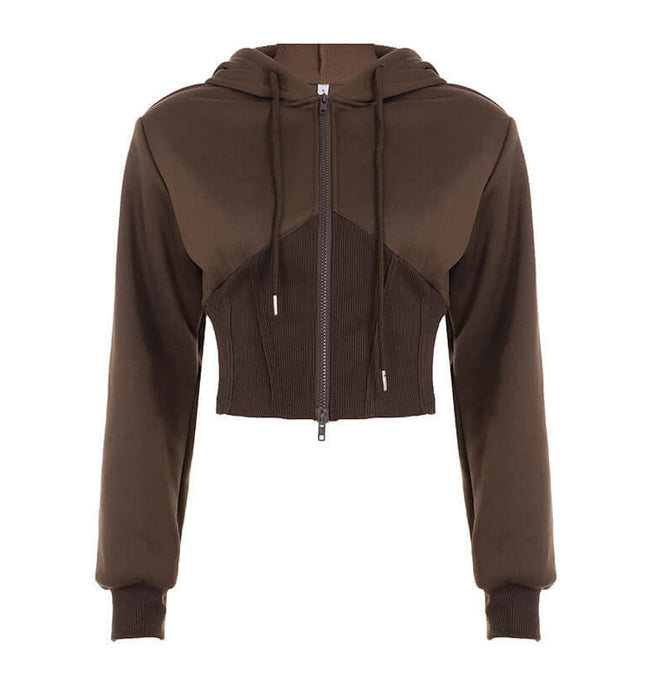 Solid Color Zip Hoodie – Casual Fit in classic brown with full zipper and hooded design.