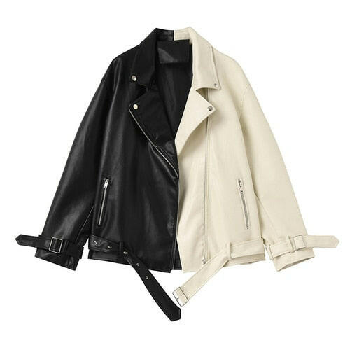 La bella giacca in pelle da motociclista in bianco e nero di Grozavu: vestibilità ampia e alla moda