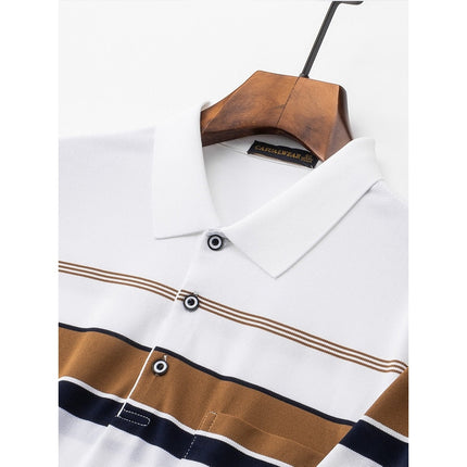 Stylish organic cotton striped polo shirt with button collar on wooden hanger for Father's Day gift.