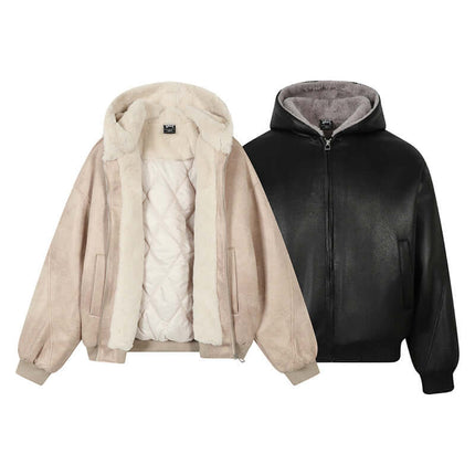 Faux Fur Hooded Jacket – Street Style showcasing a beige and black hooded coat with cozy lining and stylish design.
