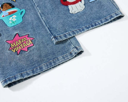 Embroidered College Style Cartoon Patch Denim Pants