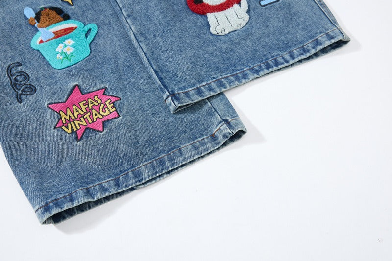Embroidered College Style Cartoon Patch Denim Pants