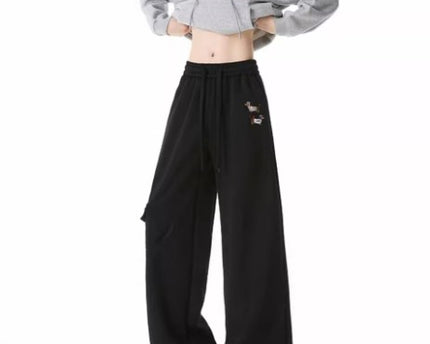 Pantalones de chándal bordados de estilo perro para hombres, retro, de múltiples bolsillos, pantalones casuales versátiles de calle alta, con cordón, sueltos y atléticos