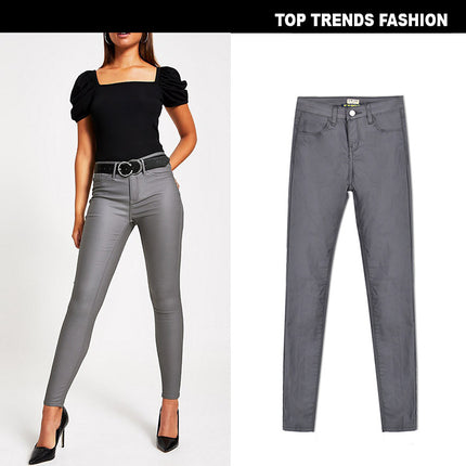 Grozavu Women's High-Waist Grey Faux Leather Skinny Pants at €49.00