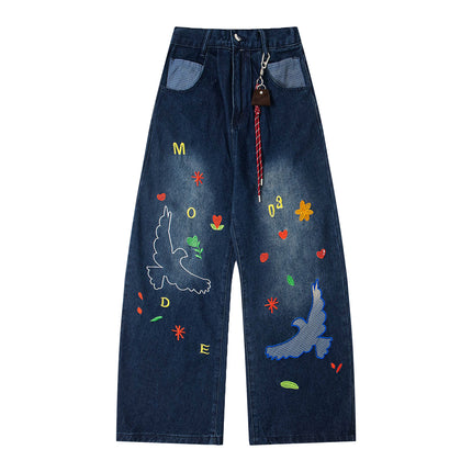 Pantaloni din denim brodați cu patch-uri retro, unisex, design trendy, cu picioare largi, lejeri, spălați, cu croială conică