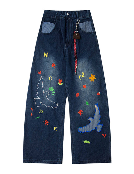 Retro Fun Patch Embroidery Denim Pants Unisex Trendy Design Wide Leg Loose Washed Tapered Jeans