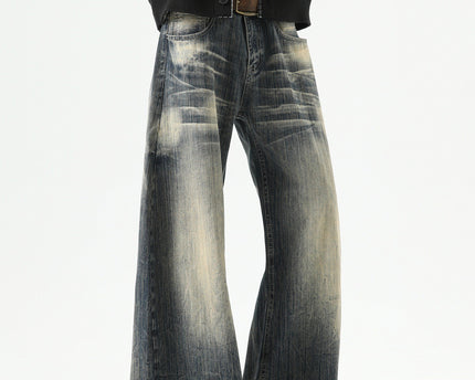 Pantalons en denim à motif éclair streetwear pour hommes, pantalons larges vintage usés et délavés, cool rétro, coupe décontractée à bords tranchants