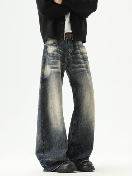 Pantaloni din denim cu model de fulger pentru bărbați, stil streetwear, spălați, uzati, cu picioare largi, vintage, cool, retro, pantaloni casual cu margini ascuțite