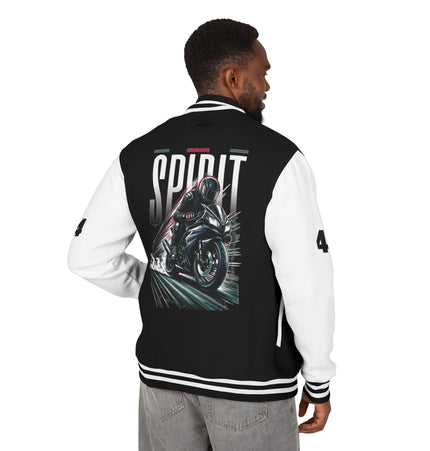 Unisex Heavyweight Letterman Jacket with Retro Motorcycle Design – Perfect for Spirit Events & Everyday Style