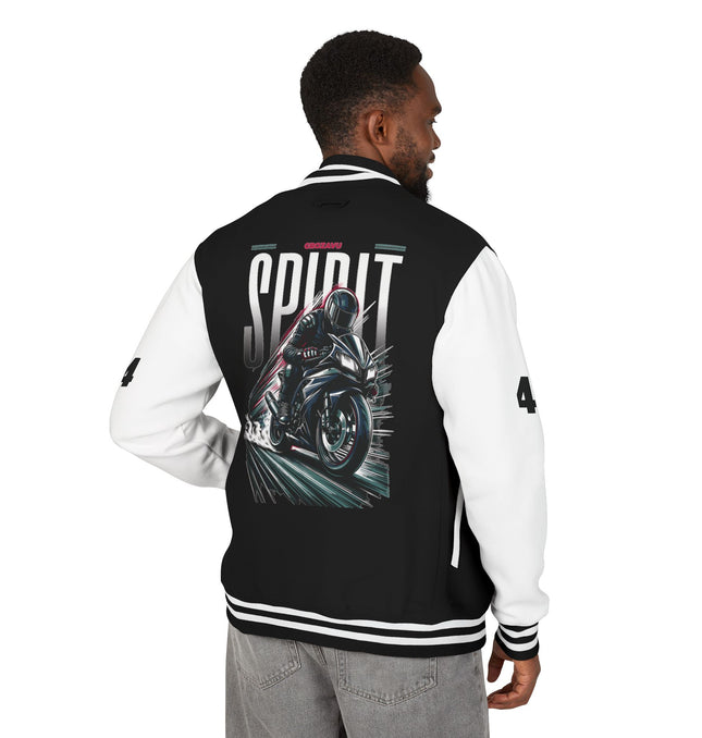 Unisex Heavyweight Letterman Jacket with Retro Motorcycle Design – Perfect for Spirit Events & Everyday Style