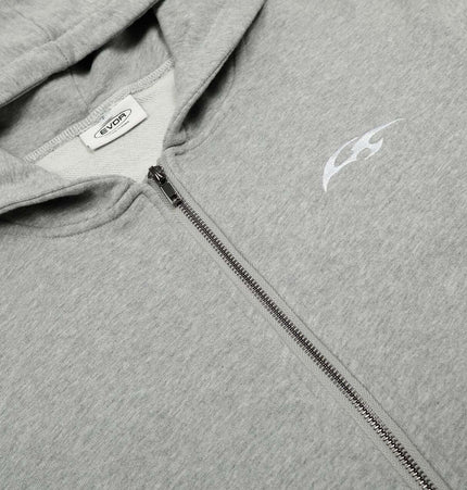 Washed Retro Zip Hooded Jacket – Fitted in gray with white logo on the chest and zip closure.