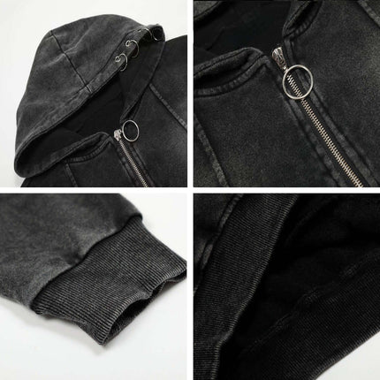 Retro Washed Zip Up Hoodie – Loose Fit showcasing black zip-up design, soft fabric, and stylish distressed details.