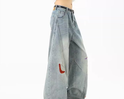 Jeans de Parchwork Divertidos de Calle Alta para Hombre, Tendencia Otoñal, Pantalones de Cuchillo Deconstruidos Bordados, Pantalones Rectos Lavados Cleanfit