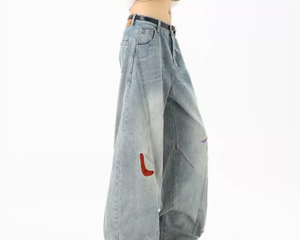 Jeans en patchwork amusants de streetwear pour hommes, tendance, déstructurés, brodés, pantalons à coupe propre, jeans droits lavés