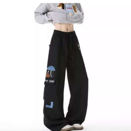 Embroidered Dog Sweatpants – Loose Fit showcased on model, featuring playful dog embroidery and relaxed streetwear style.