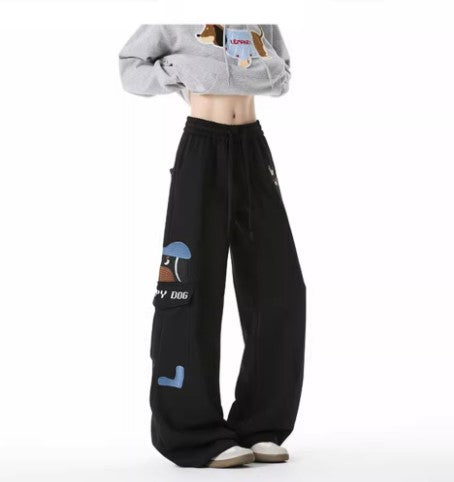 Pantalons de survêtement brodés pour chien Style Homme rétro à poches multiples Pantalons décontractés polyvalents à cordon de serrage amples et athlétiques de rue