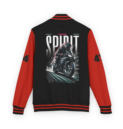 Unisex Heavyweight Letterman Jacket with Retro Motorcycle Design – Perfect for Spirit Events & Everyday Style