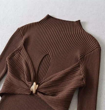 Metal Knot Hollow-Out Flare Sleeve Knit Top with a unique knot design and ribbed fabric, showcasing elegance and comfort.