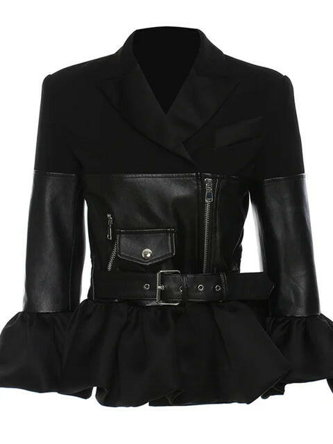Grozavu's Flounce Notched Jacket: Sleek Pu Leather for Winter Chic