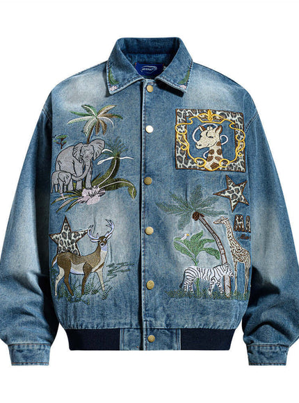 Model wearing Blue embroidered denim jacket by Grozavu