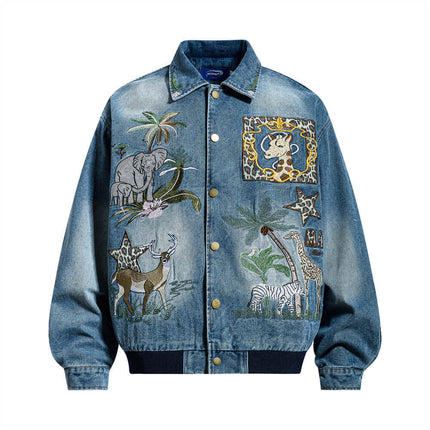 Model wearing Blue embroidered denim jacket by Grozavu