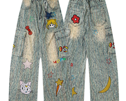 Retro Washed Star Pendant Cartoon Embroidery Loose Casual Trendy Straight Jeans for Men and Women