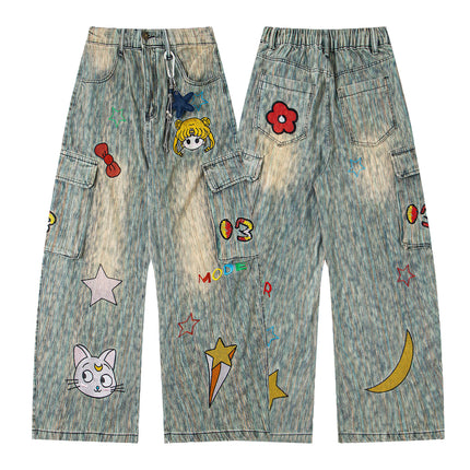 Retro Star Anhänger Cartoon Stickerei Gerade Jeans