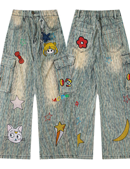 Retro Washed Star Pendant Cartoon Embroidery Loose Casual Trendy Straight Jeans for Men and Women